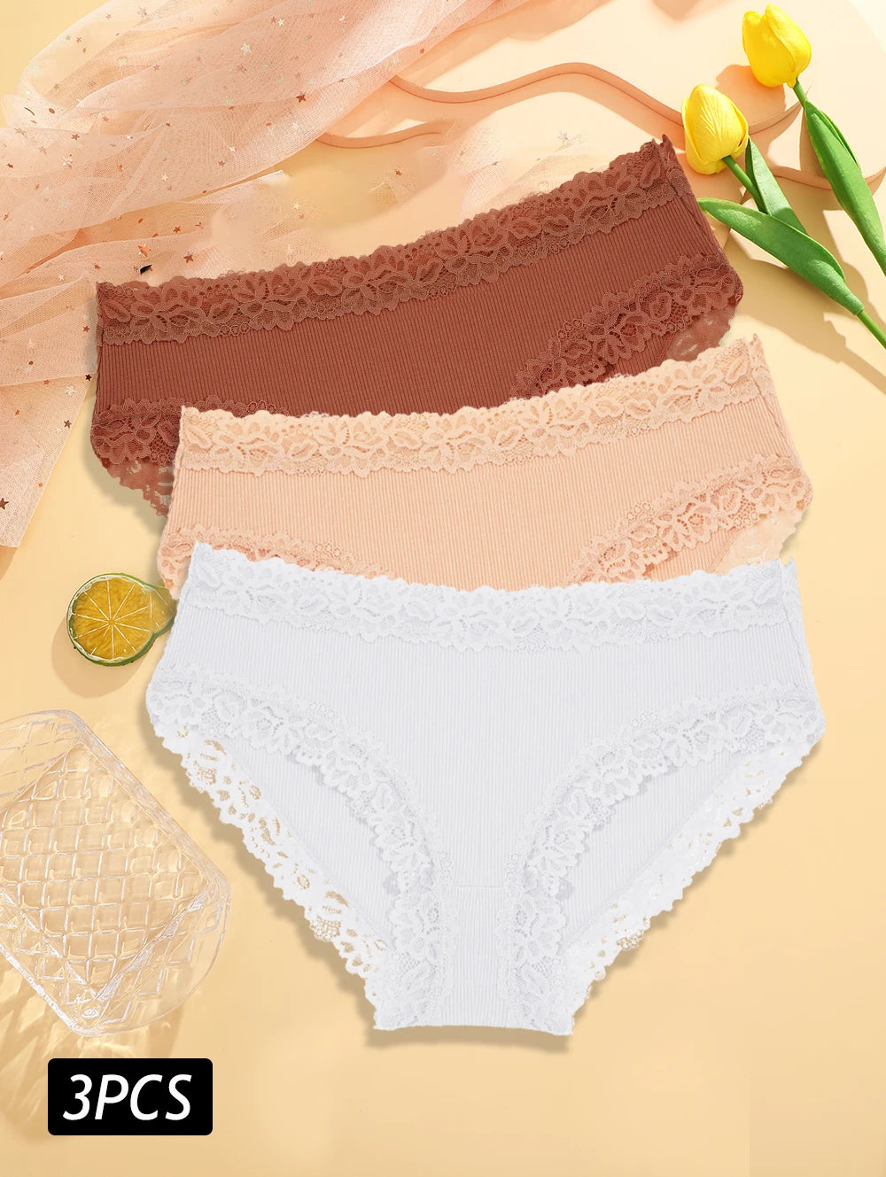 3PCS Set Women's Sexy Lace Cotton Low Rise Panties Floral Seamless Soft Breathable Underwear S-XL