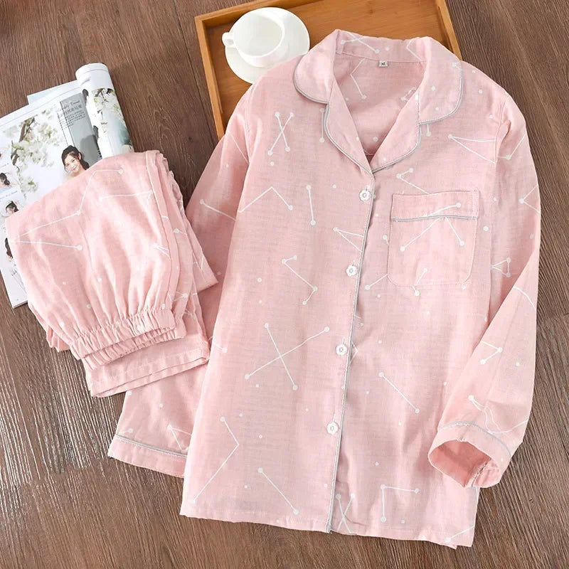 2025 Kimono Femme Maple Leaf Pajama Set | 100% Gauze Cotton Long Sleeve Sleepwear for Women | Autumn Pyjamas Hot Sale