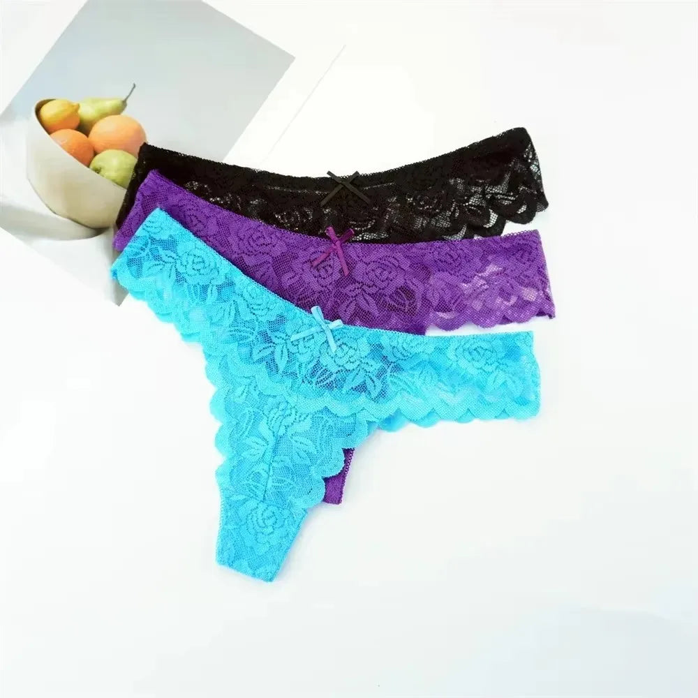 3PCS Ladies Sexy Low Waist Lace Thongs – Transparent G-String Panties, Soft Comfortable Underwear