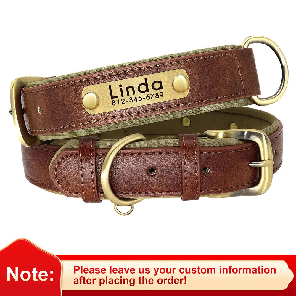 Custom PU Leather Dog Collar – Soft Padded with Engraved Nameplate, Adjustable for Small, Medium & Large Dogs
