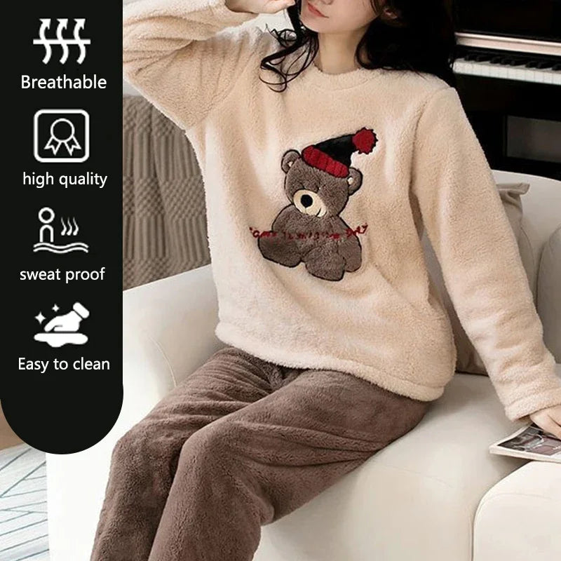 Thickened Warm Women's Pajama Set | Coral Velvet Top & Pants with Cartoon Bear | Large Size Fall & Winter 2-Piece Set
