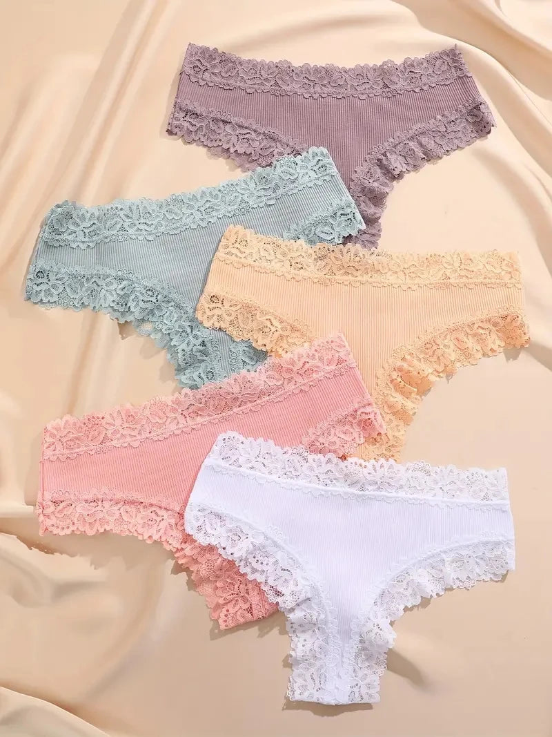 5 PCS Women's Cotton Panties | Floral Lace Patchwork Briefs | Soft Comfortable Underwear S-XL