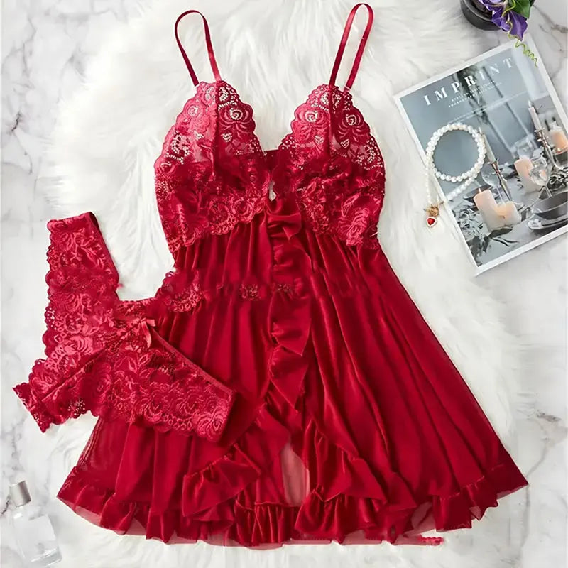 Women's Lace Sleepwear Set | Two-Piece V-Neck Slip Dress & Soft Nightdress | Lightweight Comfortable Homewear