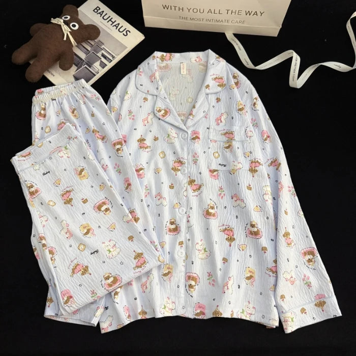 Autumn Women's Kawaii Pajama Set | Harajuku Style Line Star Dog Print 2-Piece Cute Loungewear