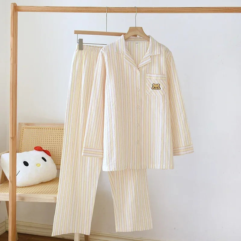 2025 Japanese Women's Striped Pajama Set | 100% Cotton Long Sleeve Two-Piece Sleepwear for Spring & Summer