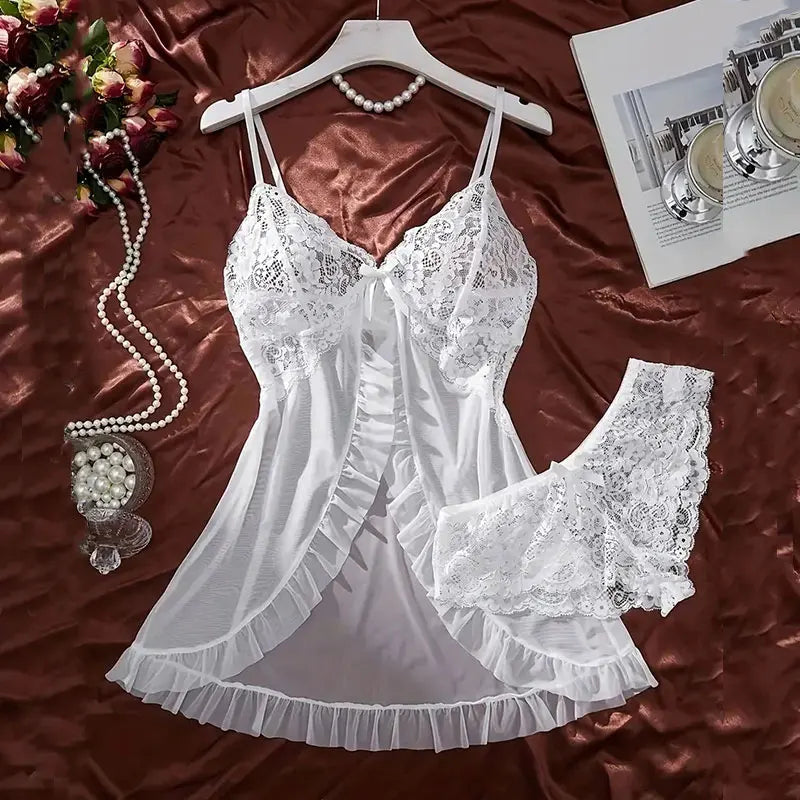 Summer Women's Sexy Sleepwear Set | Lace Sheer Backless V-Neck Nightdress with Thong | Soft Solid Color Pajamas