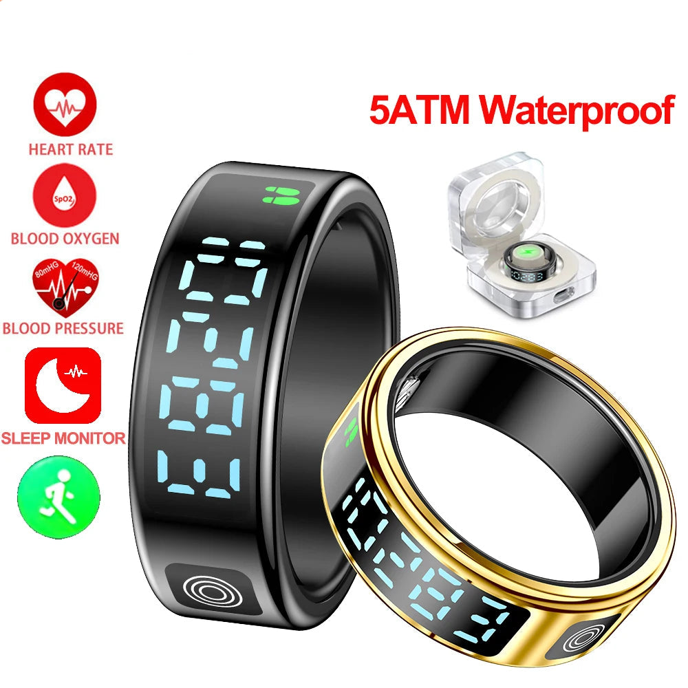 Two digital fitness trackers, one black and one gold, with health monitoring features and waterproof rating on a white background.