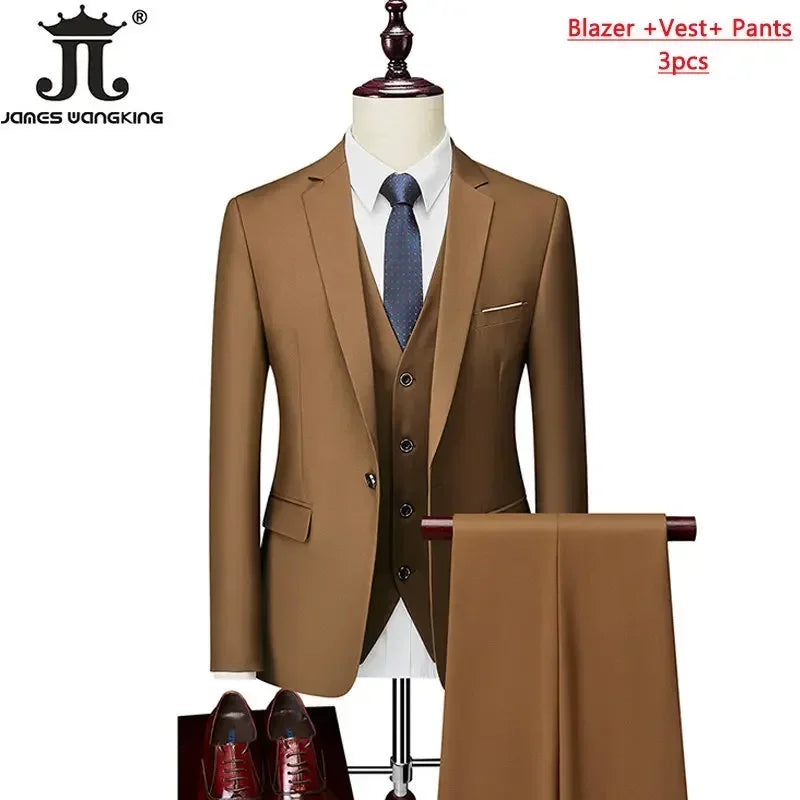 M-6XL 15 Colors Men's 3-Piece Formal Suit – Jacket, Vest & Pants for Business, Groom & Wedding