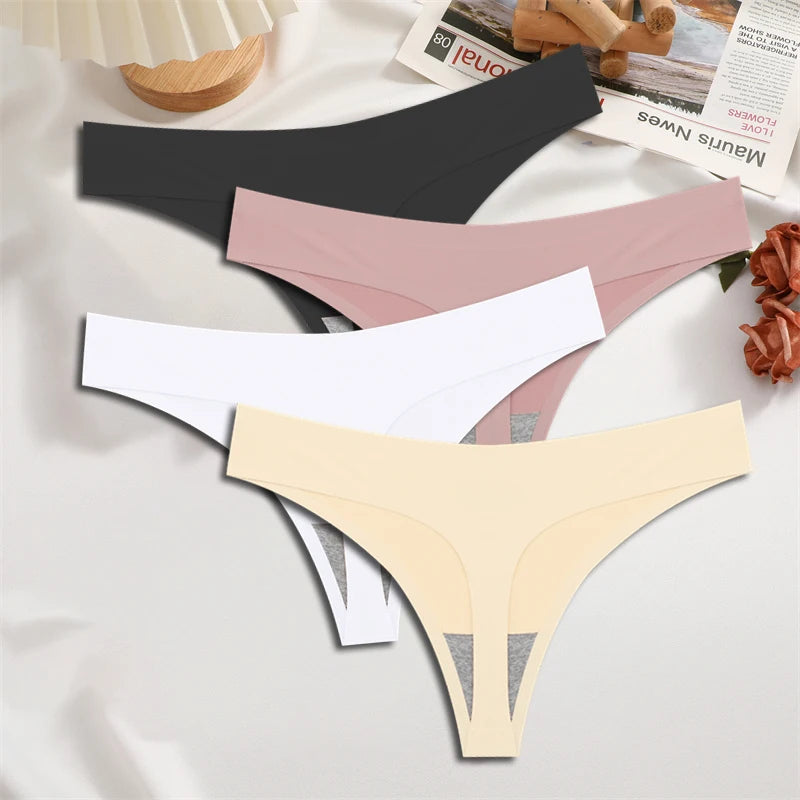 FINETOO 4PCS Women's Ice Silk Seamless Low Waist Thongs Sexy Solid Color Stretch Lingerie