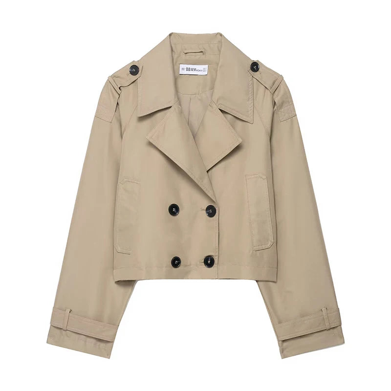 Women's Double-Breasted Short Trench Coat Turn-Down Collar Long Sleeve Vintage Chic Outerwear