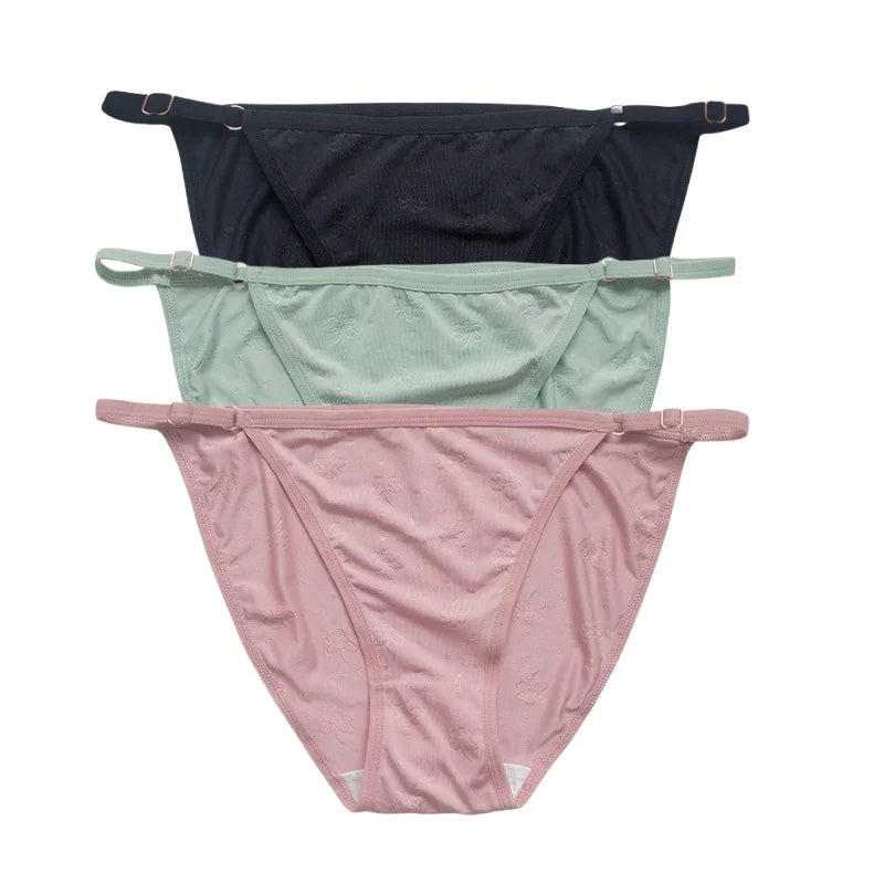 3PCS Set Women's Ice Silk Low Rise Brazilian Panties Solid Color Sexy Underwear S-XL