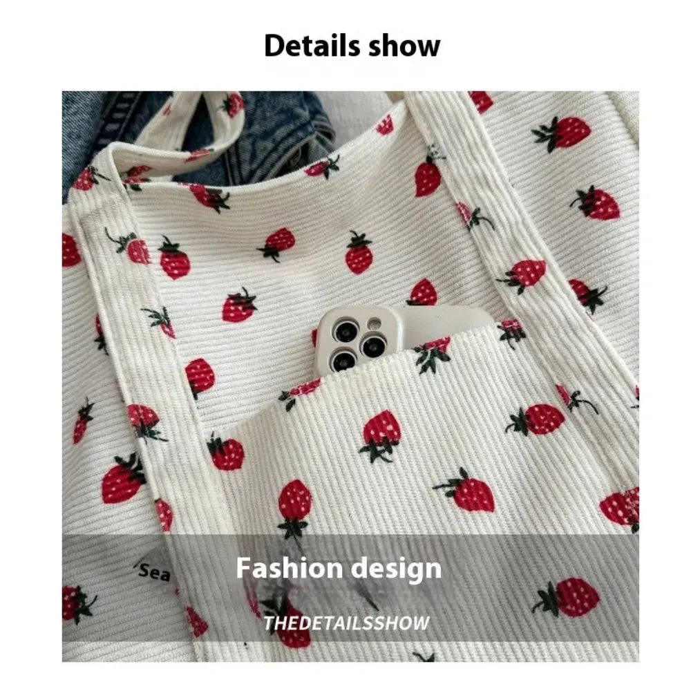 حقيبة توت نسائية من قماش مخملي بلون الفراولة • حقيبة كتف كبيرة السعة • حقيبة يد عصرية كاجوال للشاطئ والتنقل