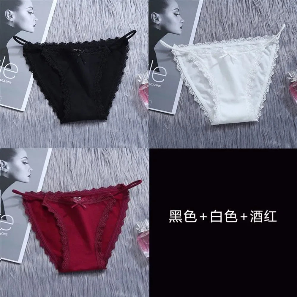 3PCS Women's Traceless Ice Silk Briefs Nylon Lace Trim Low Waist Breathable Cotton Crotch Panties