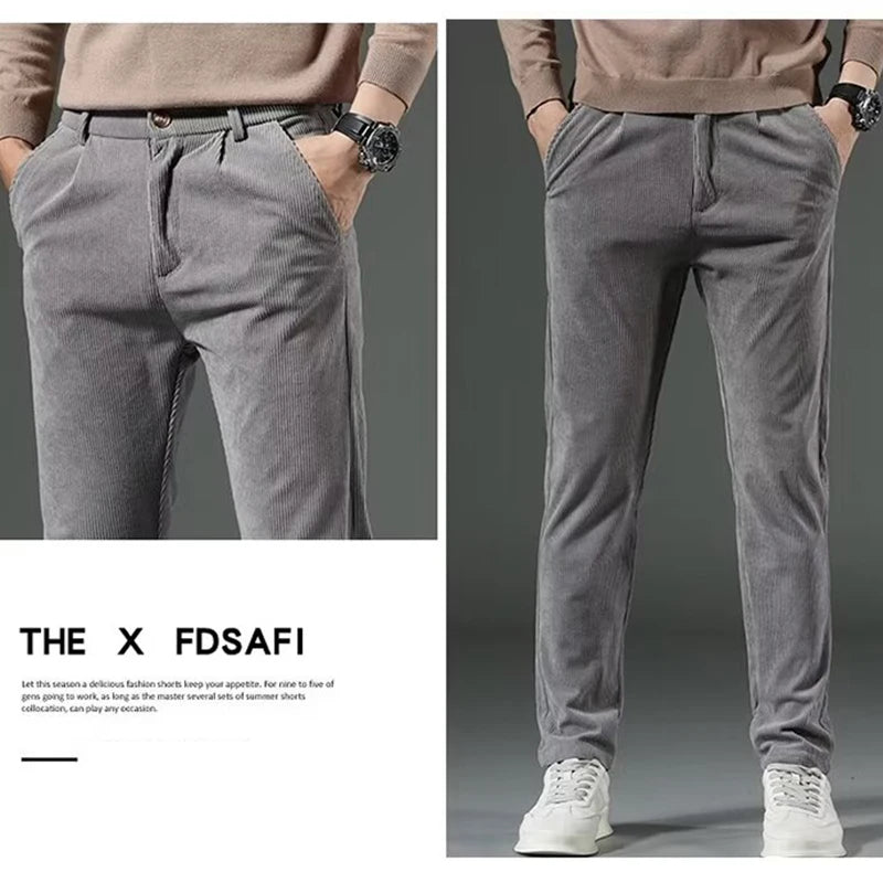 Men's High-Quality Corduroy Thermal Pants – Khaki Narrow Leg Casual Autumn Winter Trousers