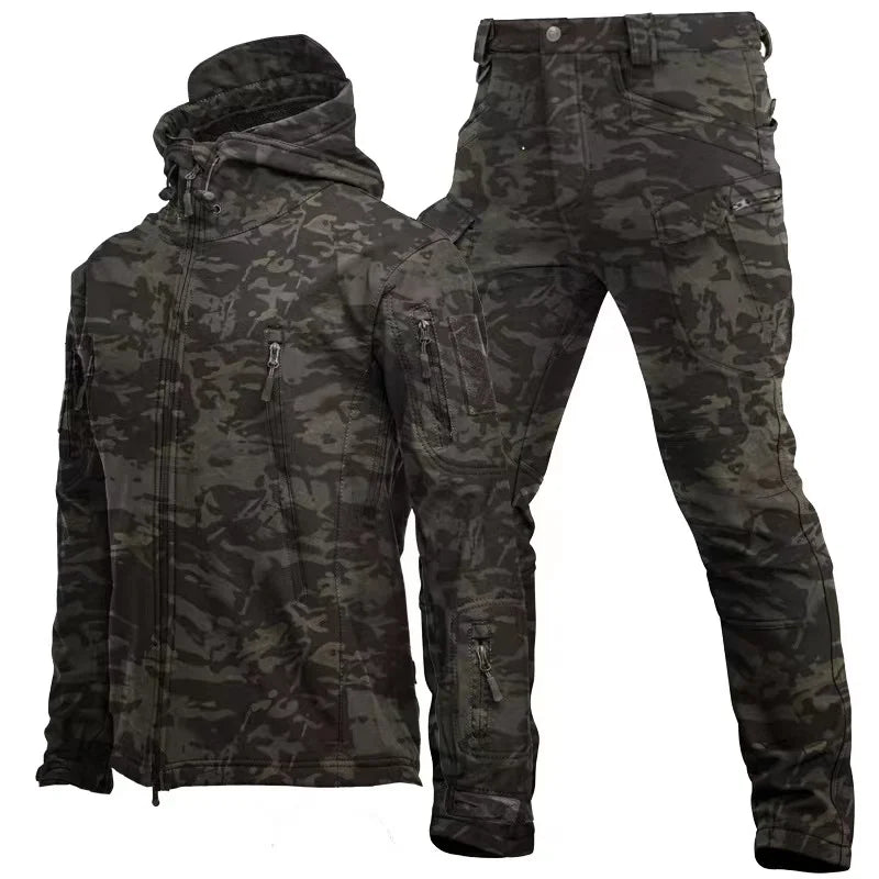 Men’s Fleece Waterproof Tactical Jacket Set – Warm Elastic Hooded Outdoor Hiking & Fishing Tracksuit S-5XL