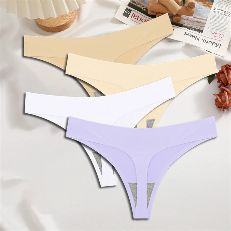 FINETOO 4PCS Women's Ice Silk Seamless Low Waist Thongs Sexy Solid Color Stretch Lingerie