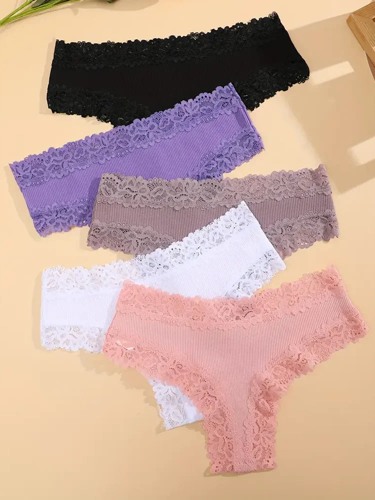 5 PCS Women's Cotton Panties | Floral Lace Patchwork Briefs | Soft Comfortable Underwear S-XL