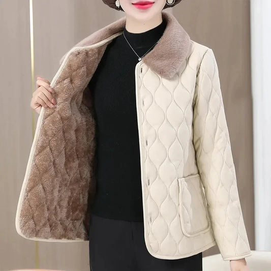 Winter Plush Jacket Plus Size Loose Thick Fur Collar Coat for Mid-Aged Women Velvet Quilted Warm Coat
