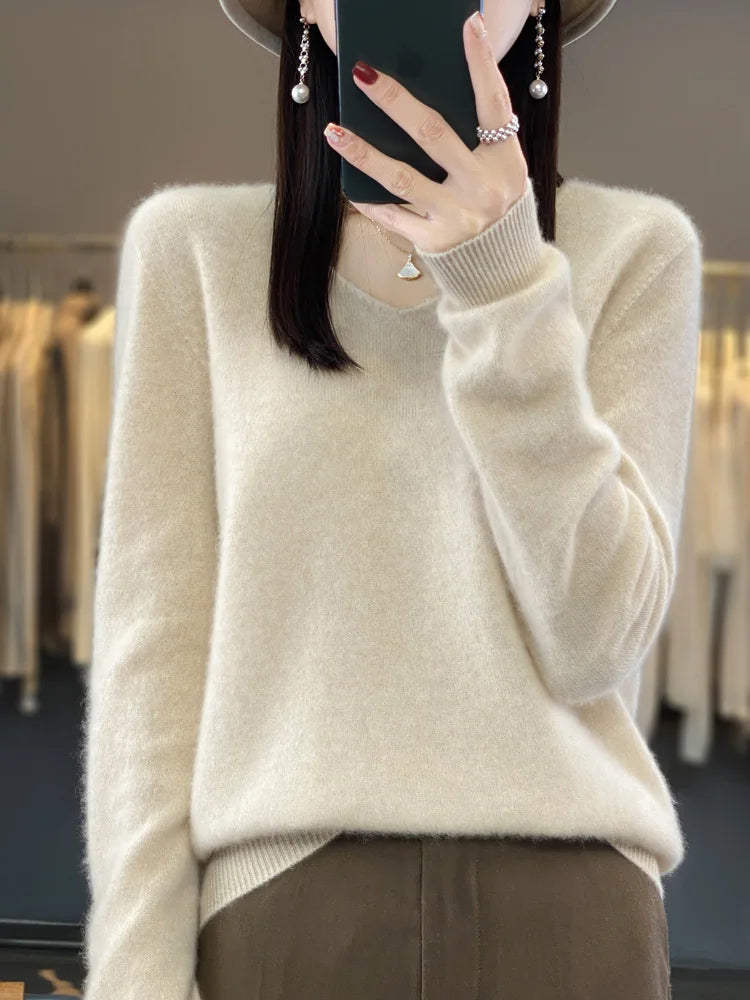 Fashion 100% Merino Wool Cashmere V-Neck Sweater Women Long Sleeve Autumn Winter Knitwear