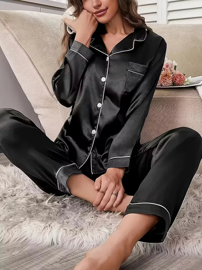 Autumn Winter Women's Silk Pajama Set | Soft Breathable Long Shirt Top & Pants Sleepwear