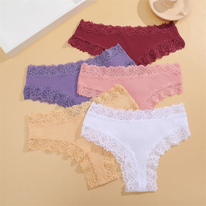 5 PCS Women's Cotton Panties | Floral Lace Patchwork Briefs | Soft Comfortable Underwear S-XL