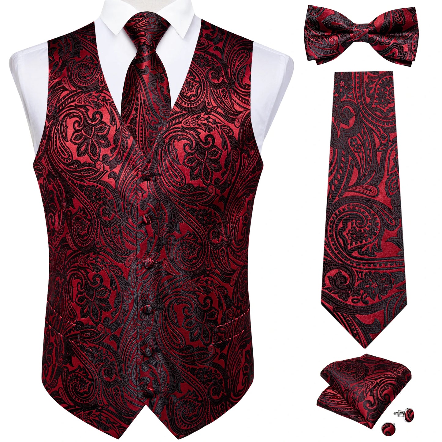 Men's Black Paisley Suit Vest with Necktie & Accessories – Formal Waistcoat for Wedding & Prom