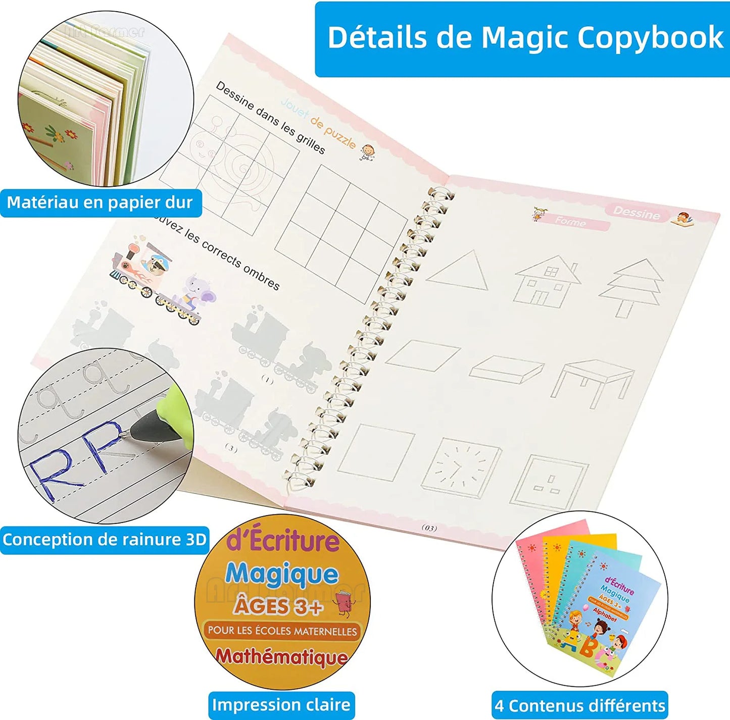 Magic French Groove Copybook – Kids’ Reusable Number & Letter Calligraphy Practice Learning Notebook