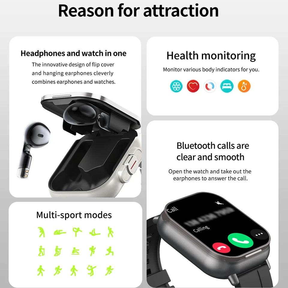 TWS 2-in-1 Smart Watch with Earphones – Wireless Bluetooth Call, Health Monitor, Fitness Tracker, Sports Smartwatch