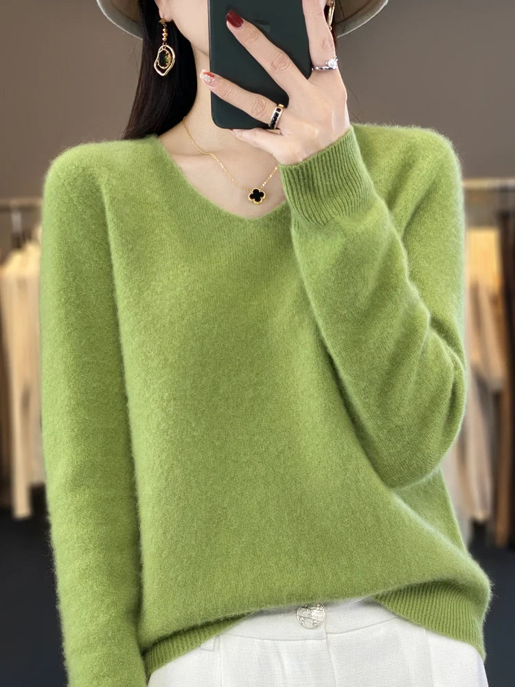 Fashion 100% Merino Wool Cashmere V-Neck Sweater Women Long Sleeve Autumn Winter Knitwear
