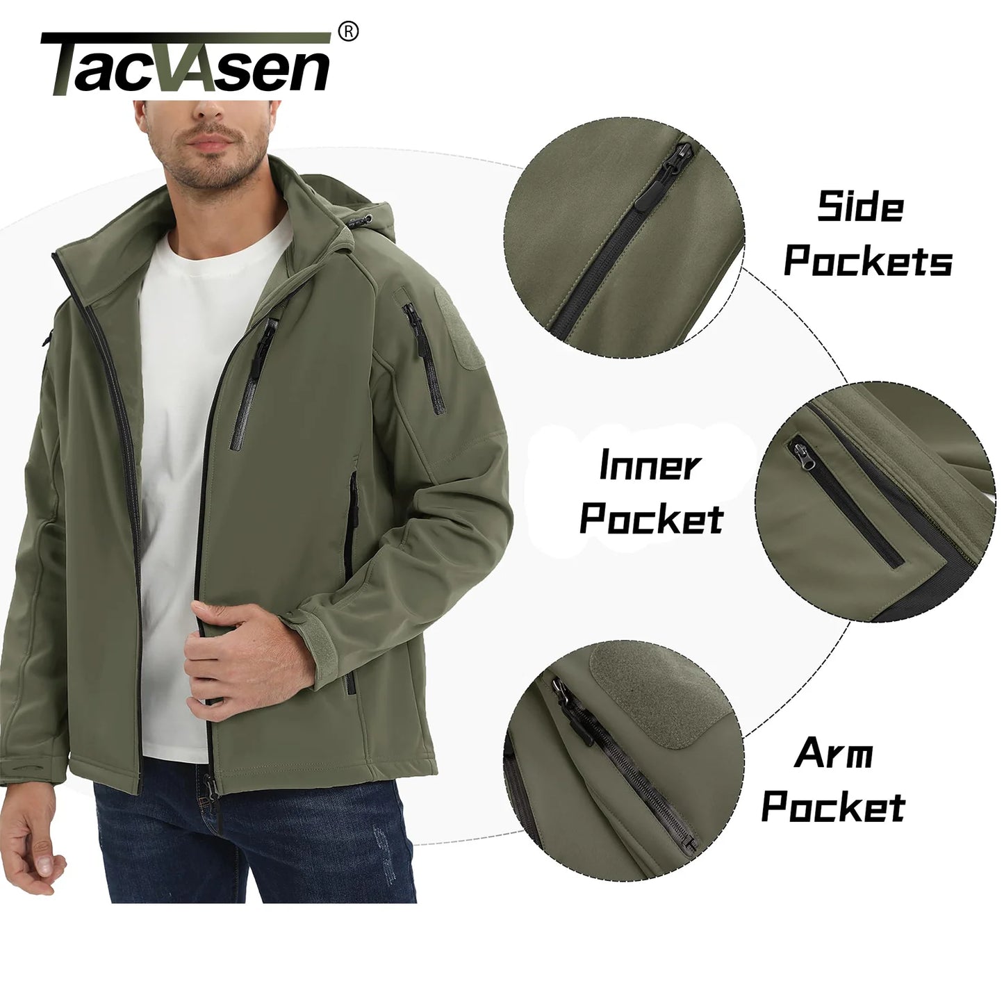 TACVASEN Men’s Winter Windproof Fleece Jacket – Waterproof Softshell Hooded Coat for Hiking & Work
