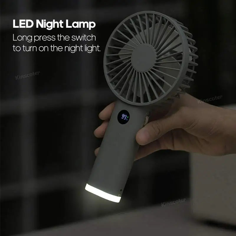 Handheld Personal Fan – Portable USB Mini Fan with 3600mAh Rechargeable Battery, Stepless Speed Control, Display & Nightlight