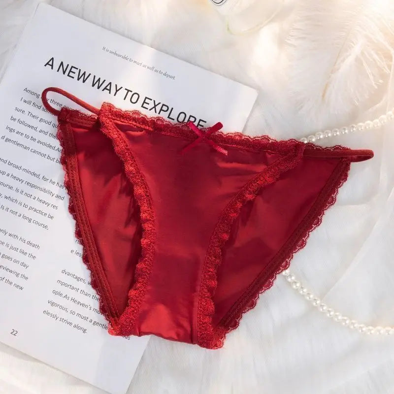 Ice Silk Women's Lace Low Waist Sexy Thong Panties Solid Color Bikini G-String Lingerie