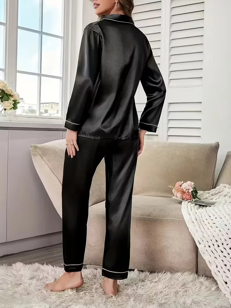 Autumn Winter Women's Silk Pajama Set | Soft Breathable Long Shirt Top & Pants Sleepwear