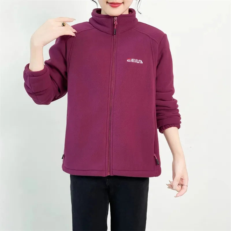 Women Stand Collar Polar Fleece Jacket Autumn Winter Loose Zipper Thickened Coat Large Size 5XL