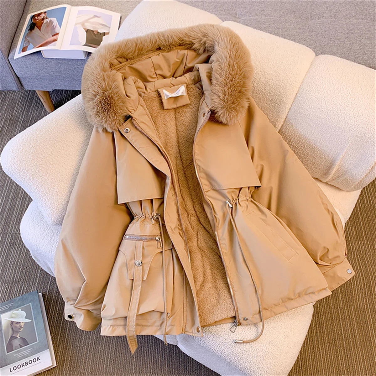 Women Autumn Winter Hooded Drawstring Padded Jacket Solid Casual Zip-Up Parka