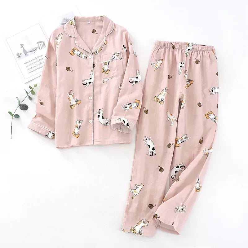 2025 Kimono Femme Maple Leaf Pajama Set | 100% Gauze Cotton Long Sleeve Sleepwear for Women | Autumn Pyjamas Hot Sale