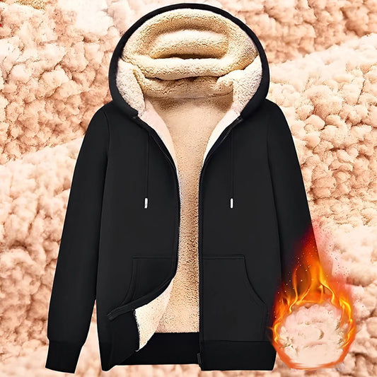 Unisex Trendy Lamb Wool Jacket – Warm Zipper Hoodie with Front Pockets, Plush Lined Winter Coat