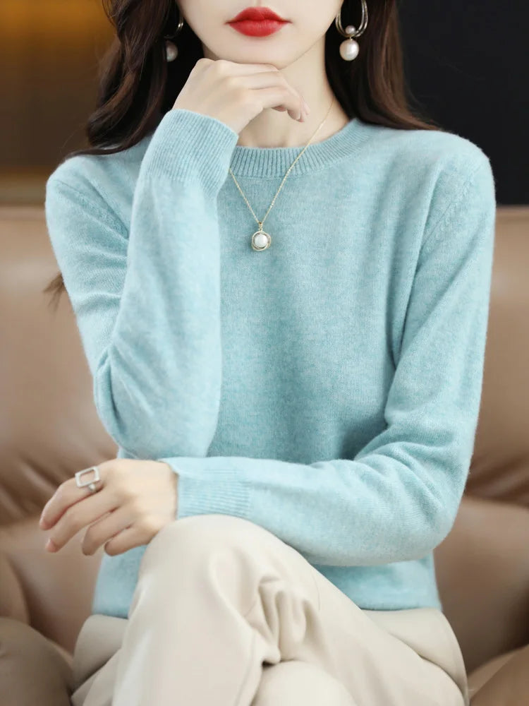 Fashion 100% Merino Wool Cashmere O-Neck Sweater Women Long Sleeve Knitwear