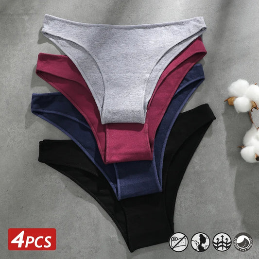 4PCS Seamless Cotton Panties Women Solid Color Low Waist Breathable Stretch Underwear