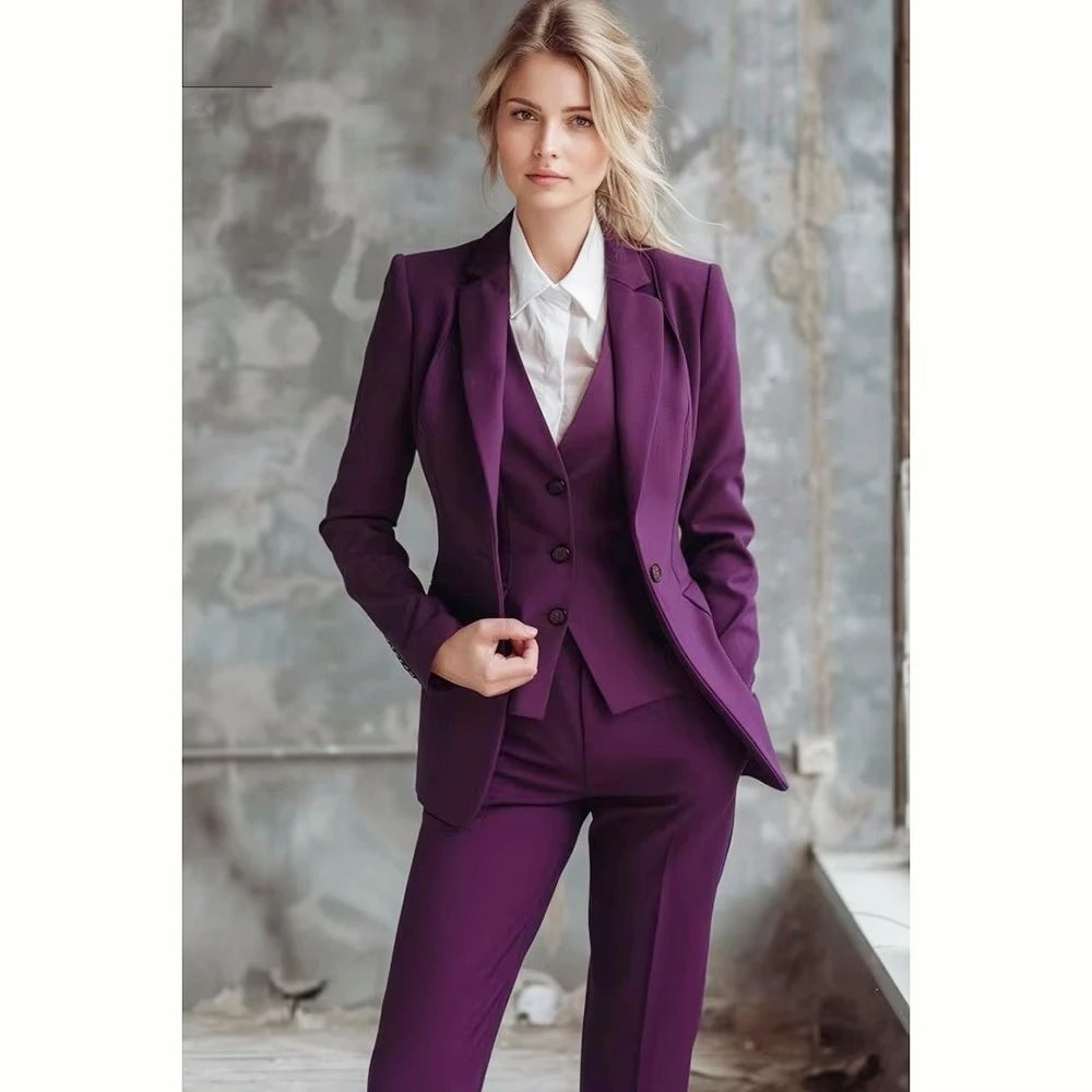 Women’s 3-Piece Purple Suit – Jacket, Vest & Trousers Business Work Set