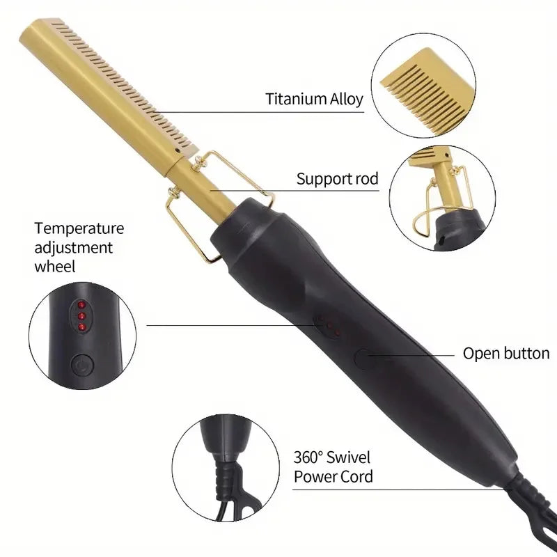 مشط فرد شعر كهربائي نحاسي متعدد الوظائف - أداة مزدوجة الاستخدام لفرد الشعر وتجعيده وتصفيفه