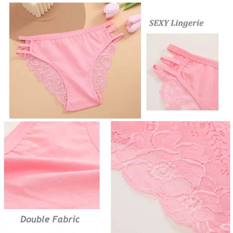 3PC Set Women's Sexy Lace Low Rise Hollow Out Floral Panties Transparent Soft Elastic Lingerie