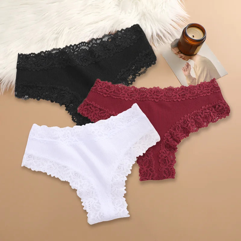 3PCS Women's Cotton Lace Brazilian Panties Soft Sexy Underwear Lingerie S-XL