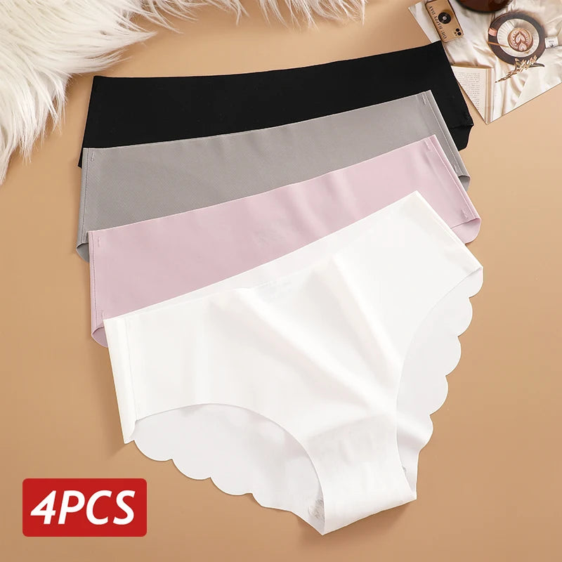 4PCS Set Women's Ice Silk Seamless Panties Solid Color Ultra Thin No Trace Elastic Underwear