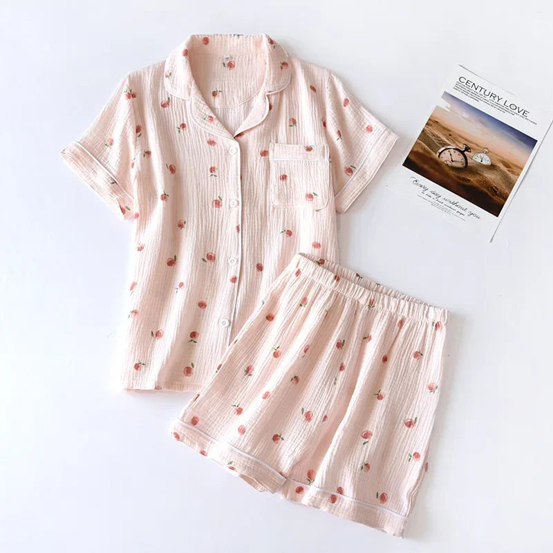 2025 Summer Women's Pajama Set | 100% Cotton Crepe Short Sleeve & Shorts | Thin Loose Two Piece Homewear for Spring & Autumn