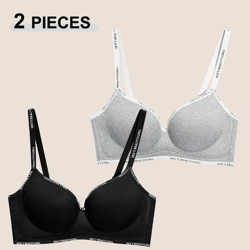2Pcs Women’s Seamless Bra Set Solid Color Wireless Push Up Deep V Neck Letter Strap Underwear