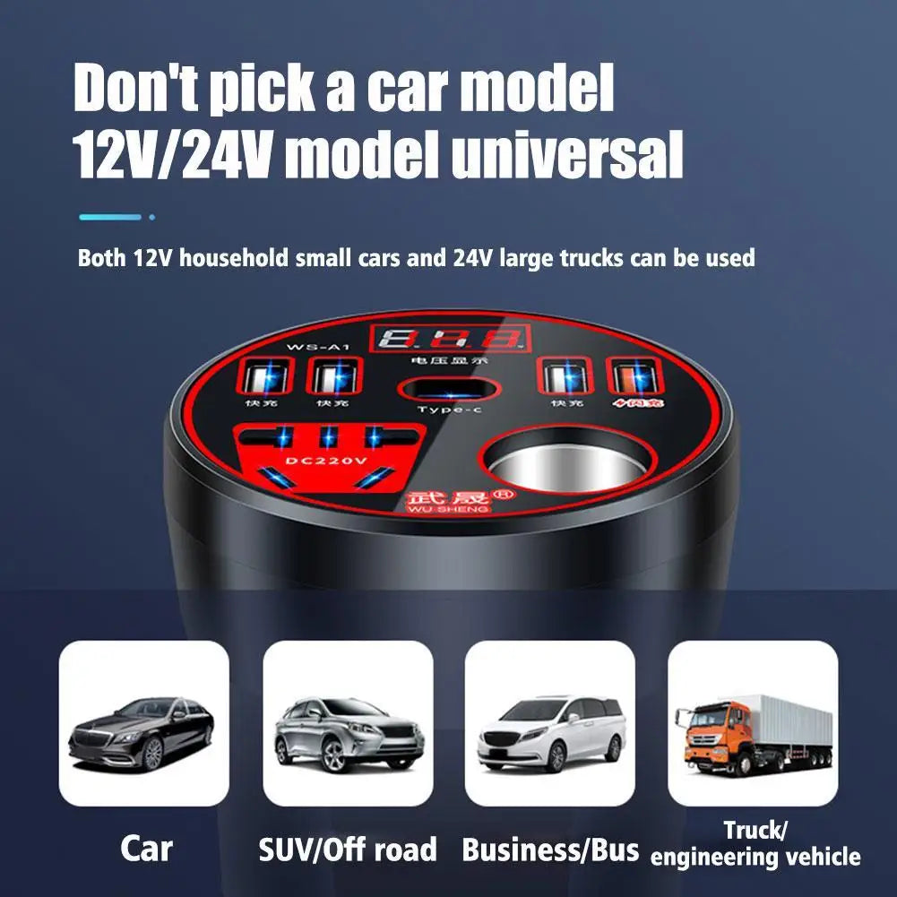 200W Car Power Inverter – 12V/24V to 220V Converter with LED Display & Fast Charging Socket