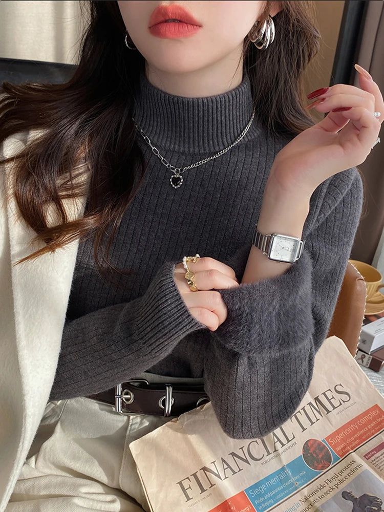 2025 Women’s Retro Turtleneck Sweater – Thick Velvet Lined Thermal Knit Pullover | Warm Winter Bottoming Shirt