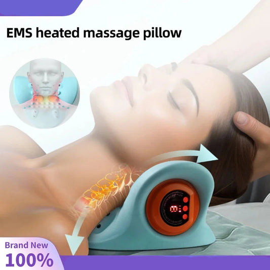 Person using an EMS heated massage pillow with visible branding and product details.
