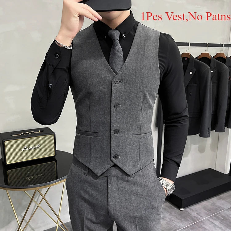 Men's High-End Solid Color Vest – S-7XL Casual Business & Groom Wedding Waistcoat